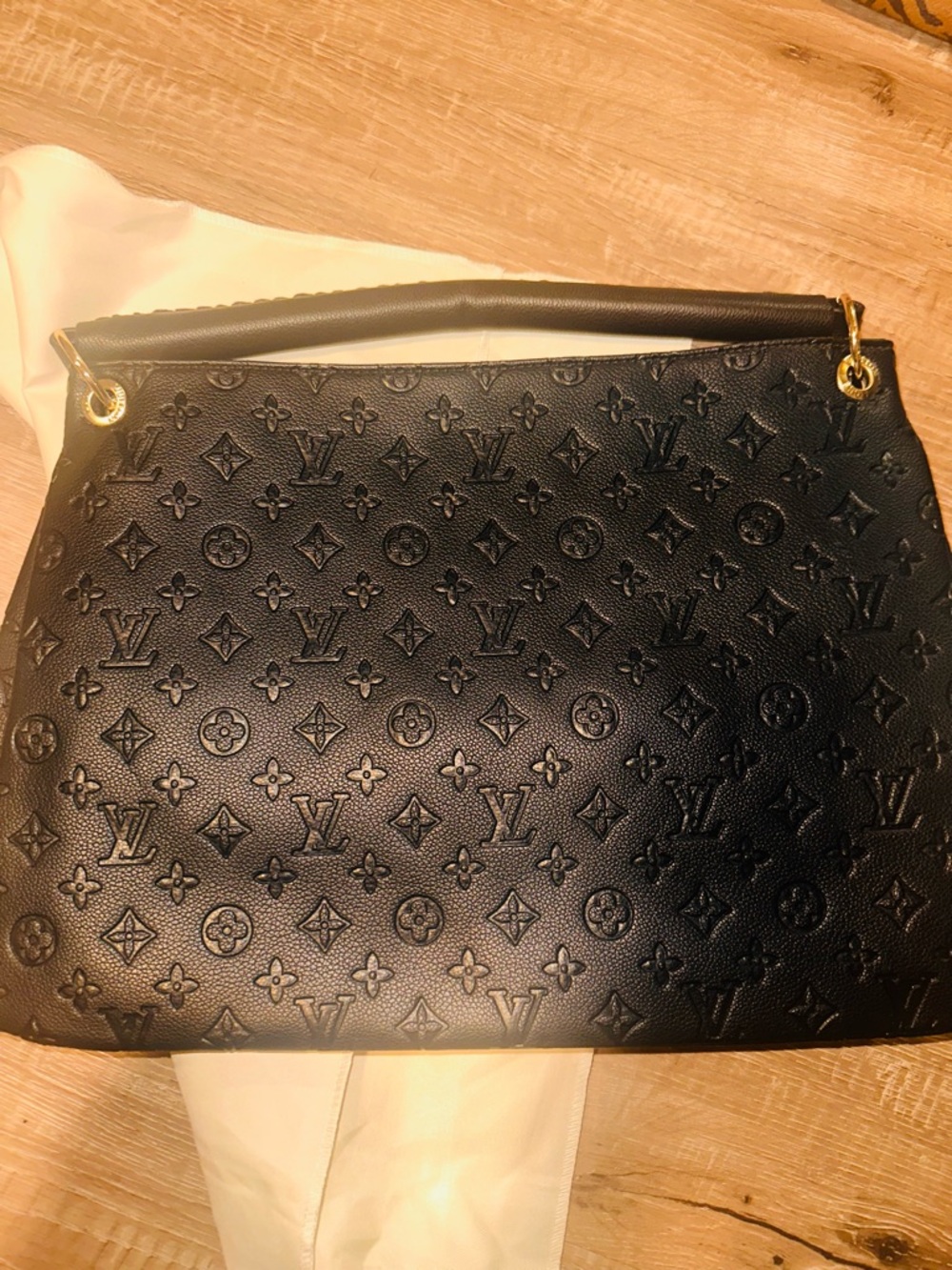 Black Embossed Monogram Shoulder Bag with Gold Accents